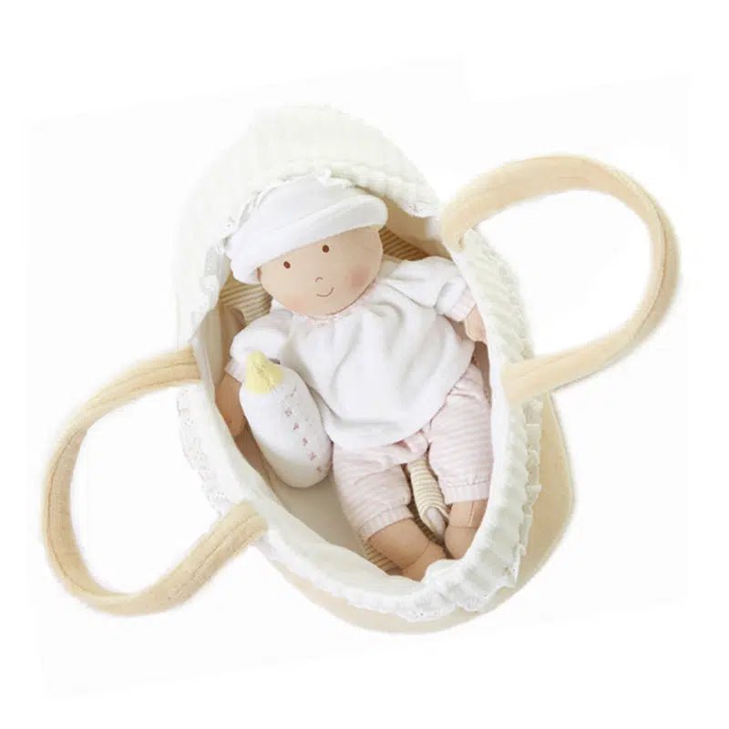 Bonikka GRACE - BABY SOFT DOLL WITH CARRY COT AND BLANKET. Látková bábika v košíku - Jacob's Montessori