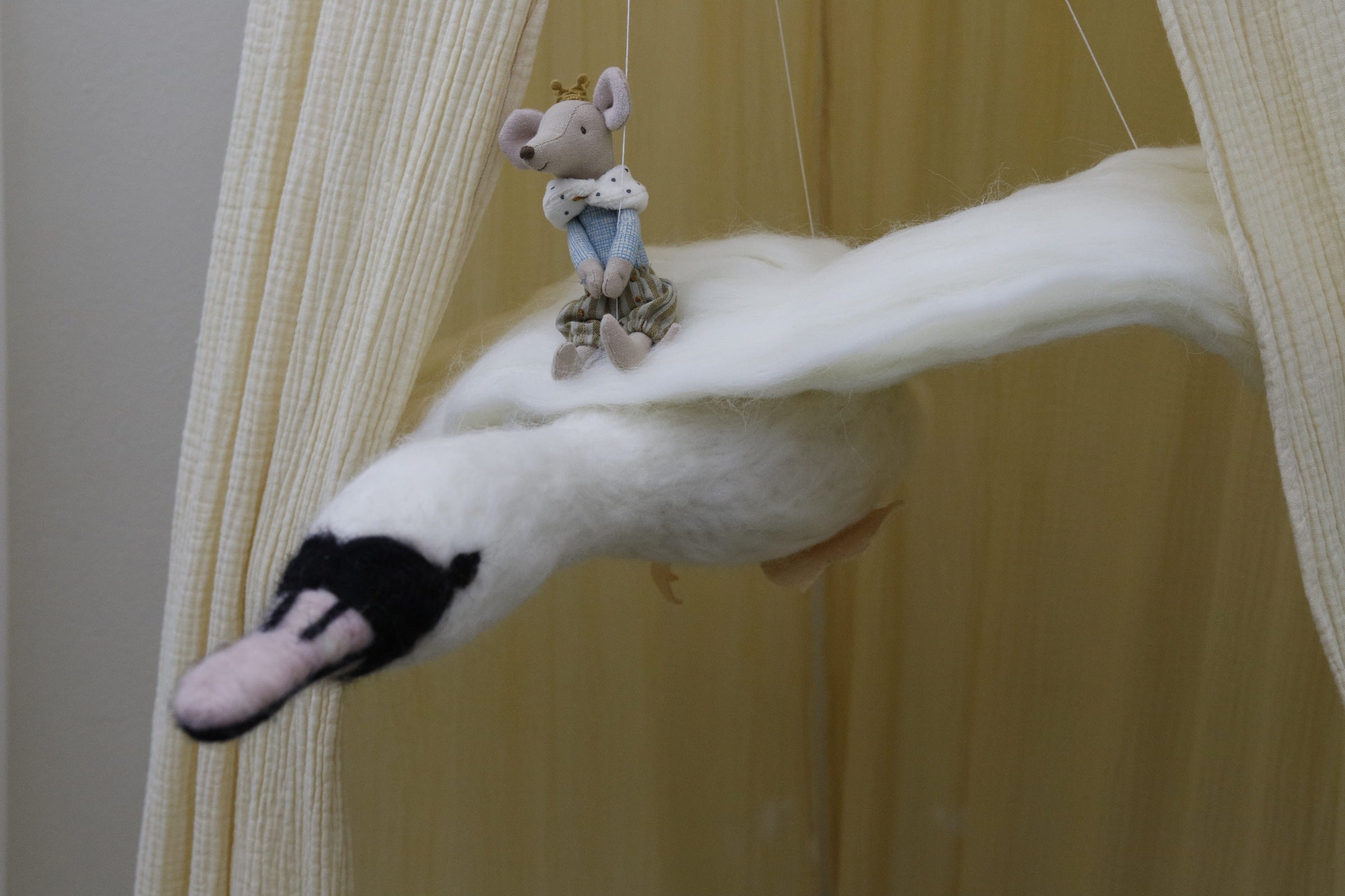 Flying Swan Mobile with Maileg Prince Mouse. - Jacob's Montessori