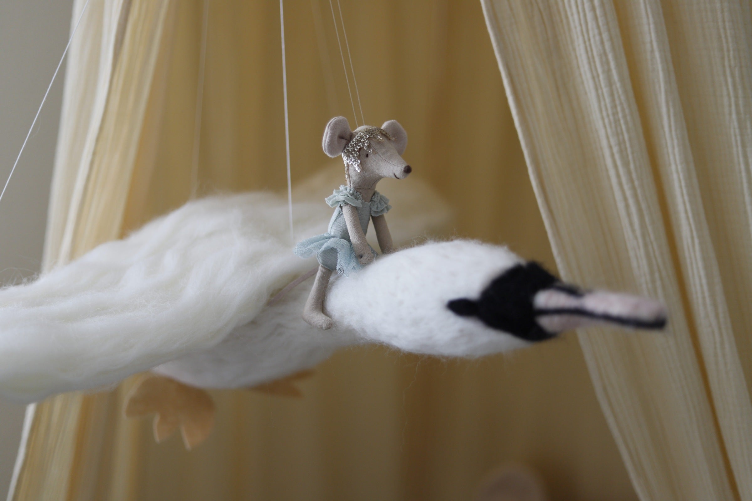 Flying Swan Mobile with Maileg Swan Lake Mouse. - Jacob's Montessori