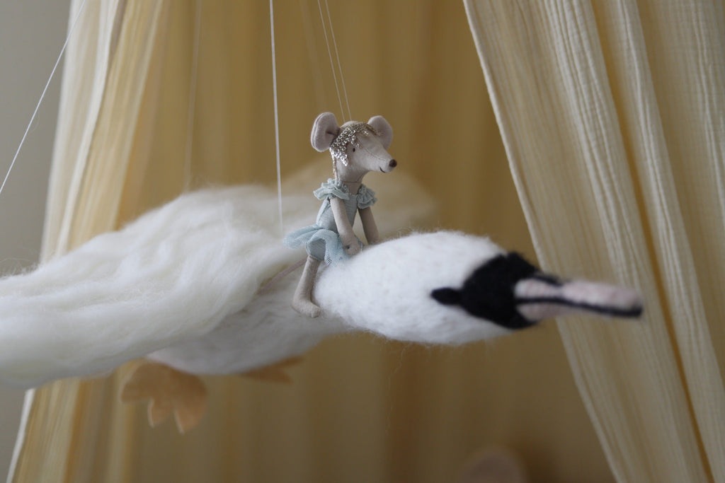 Flying Swan Mobile with Maileg Swan Lake Mouse. - Jacob's Montessori